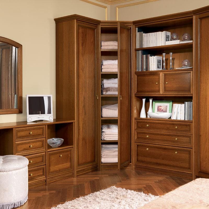 Walnut bedroom vanity and dressing wall unit with a wardrobe and bookshelf.
