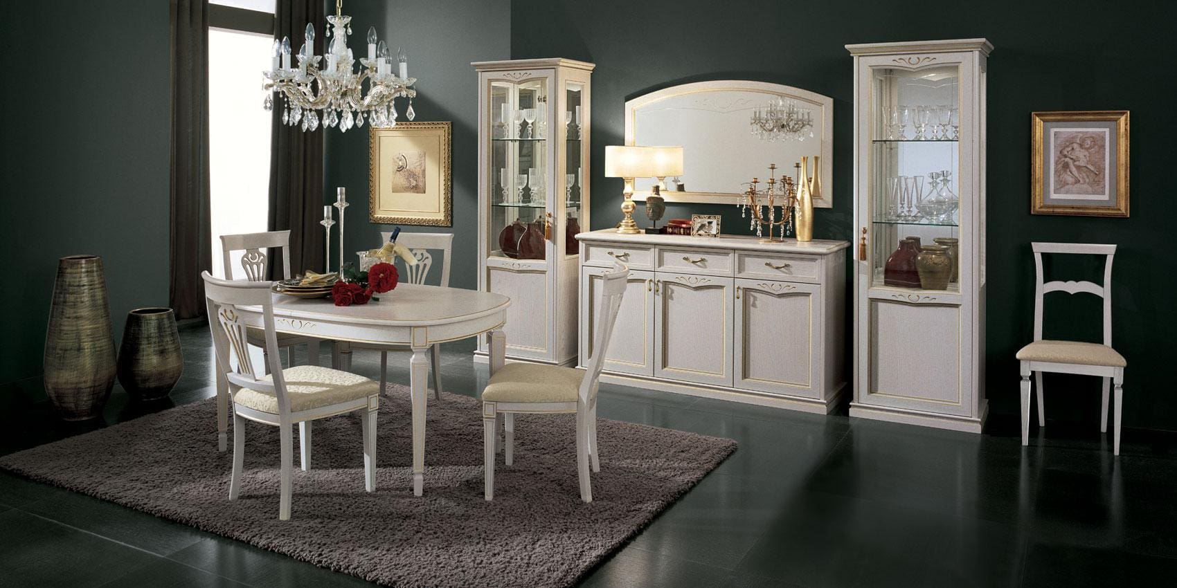 Dining set in ivory Bianco Antico lacquer, the same Nostalgia design also available to order in walnut.