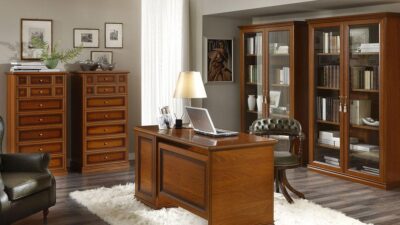 Executive desk with glass-door bookcases and chests of drawers in warm walnut.