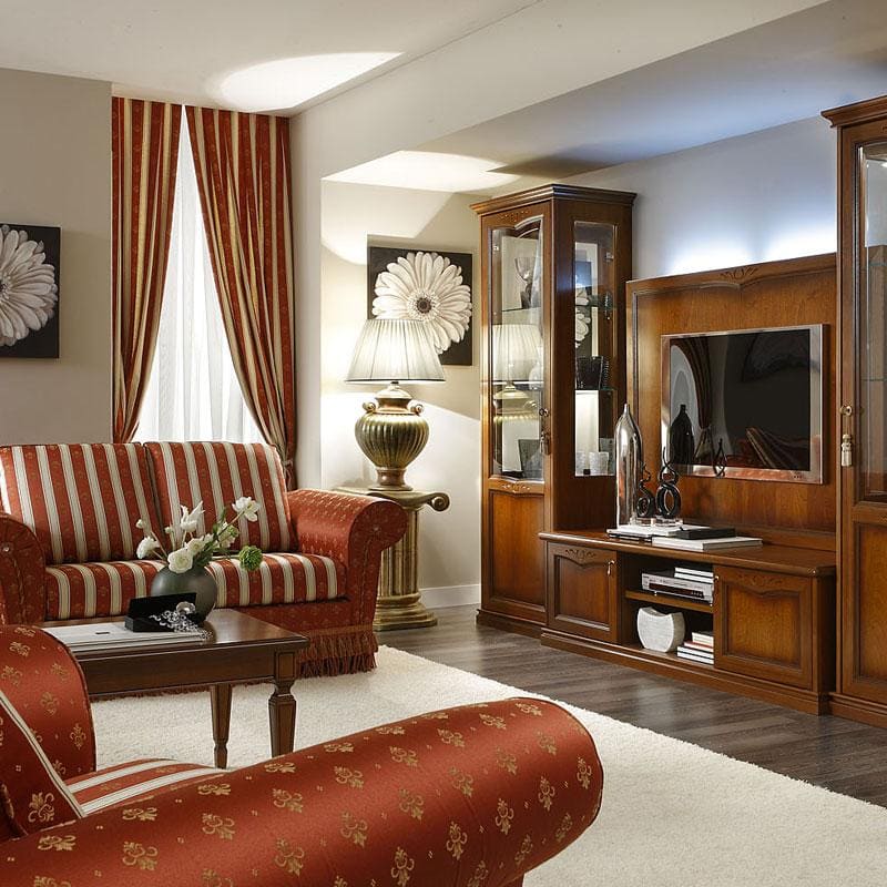 Walnut living room wall unit with arched-top glass display cabinets and a media console.