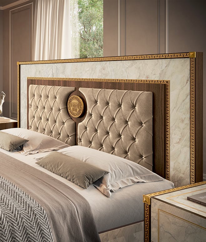 Romantica Italian bedroom bed and nightstand, crafted by Arredoclassic.