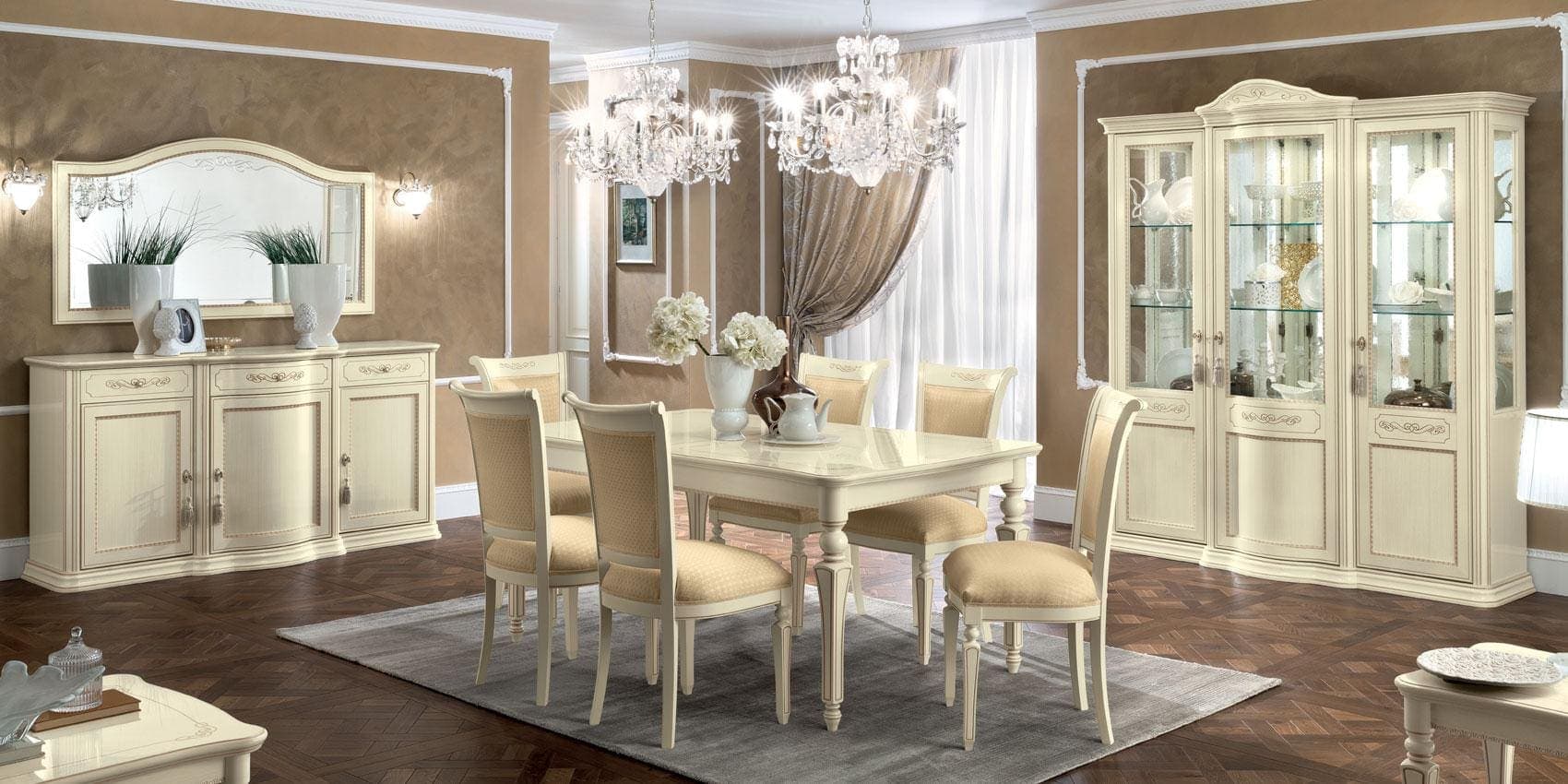 Ivory-lacquer Torriani dining room suite shown in a wide view.