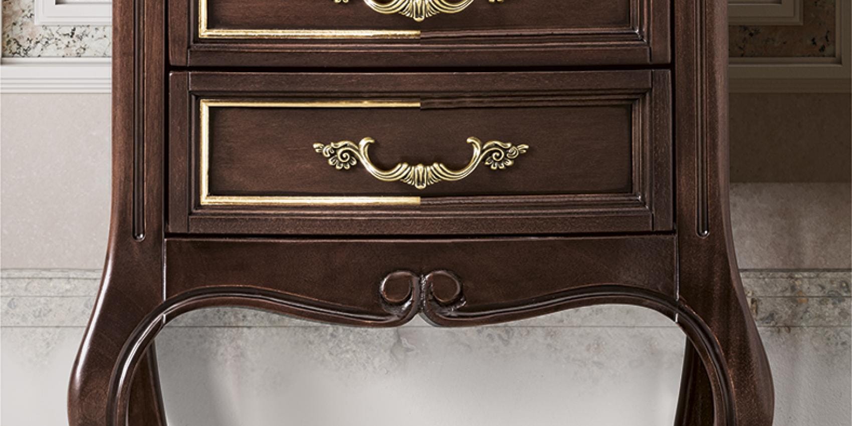 Verdi classic nightstand by Camelgroup in brown finish with gold highlights.