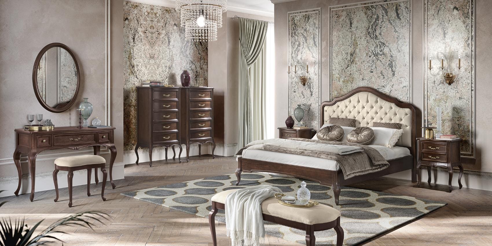Verdi Italian bedroom set in brown wood with an upholstered bed, vanity, and dresser by Camelgroup.