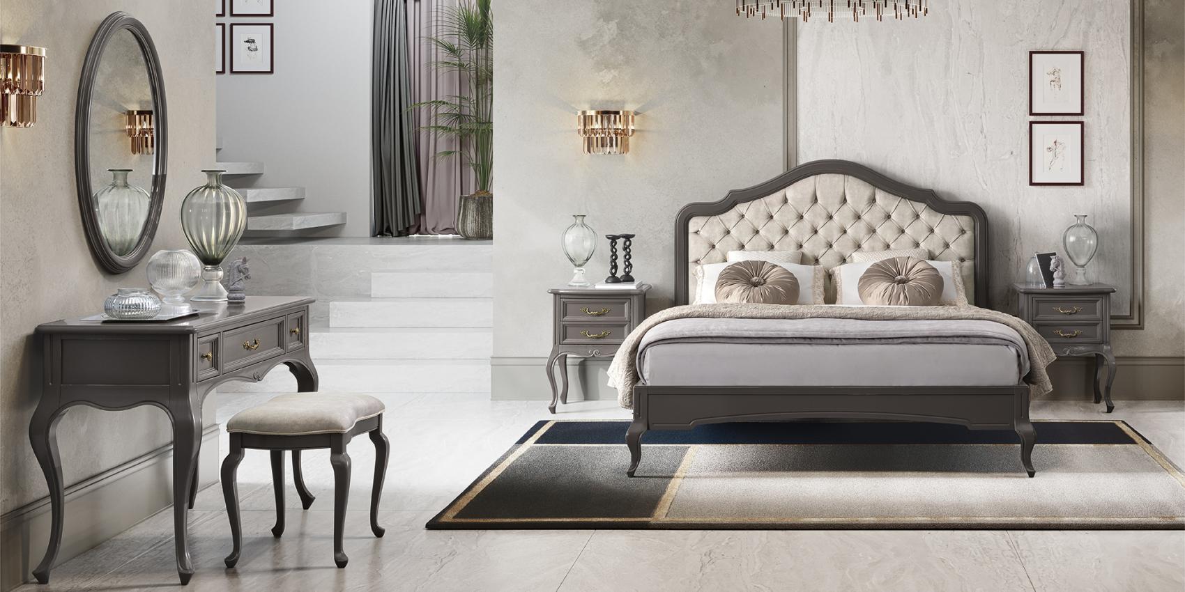 Verdi classical Italian bedroom set in brown wood with an upholstered bed, vanity, and dresser by Camelgroup.