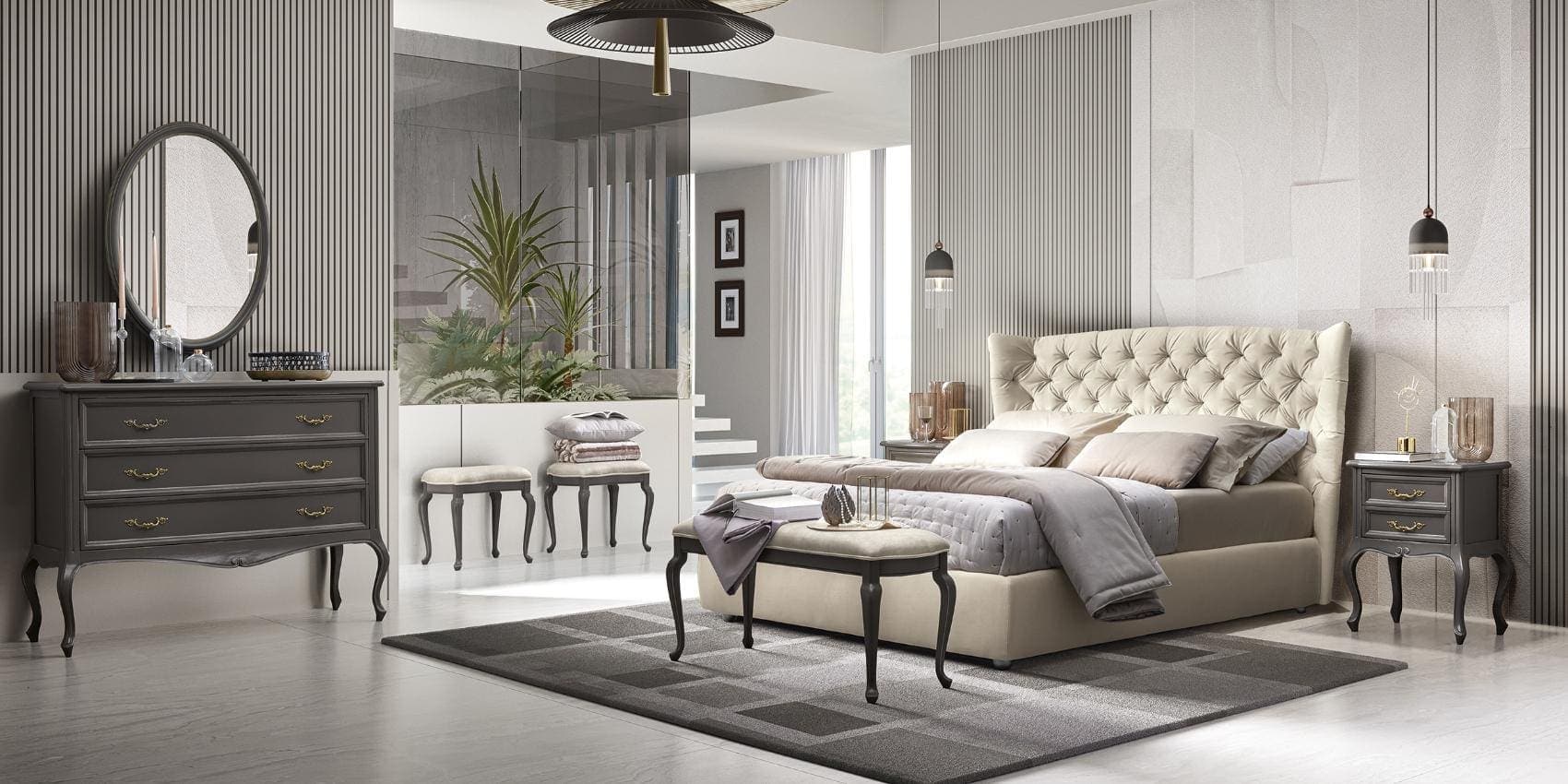 Verdi Italian bedroom set in grey wood with dresser and tufted bed by Camelgroup.