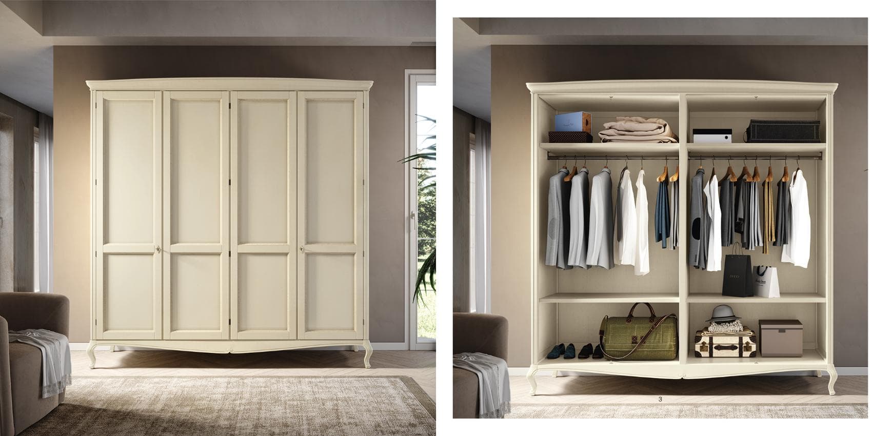 Verdi classical Italian bedroom wardrobe showcasing elegant hand-finished moulding and detailing by Camelgroup.